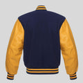 Men’s navy yellow varsity letterman jacket with wool body, vinyl sleeves, ribbed waistband, and premium college-inspired design.