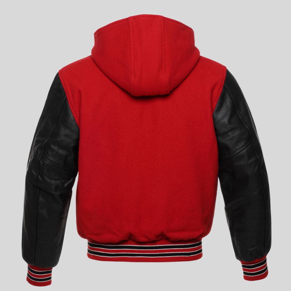 Red hooded jacket with black leather sleeves on a gray background