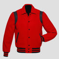 Men’s red black retro varsity letterman jacket with wool body, black leather accents, ribbed cuffs, and classic college style.