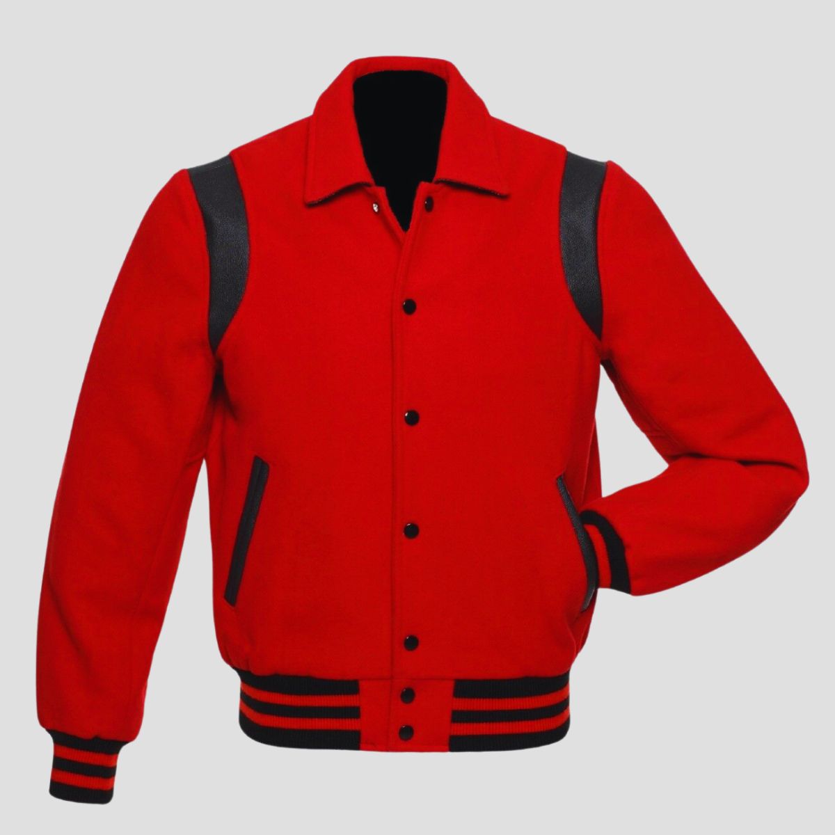 Men’s red black retro varsity letterman jacket with wool body, black leather accents, ribbed cuffs, and classic college style.