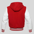 Red and white varsity jacket with hood on a gray background