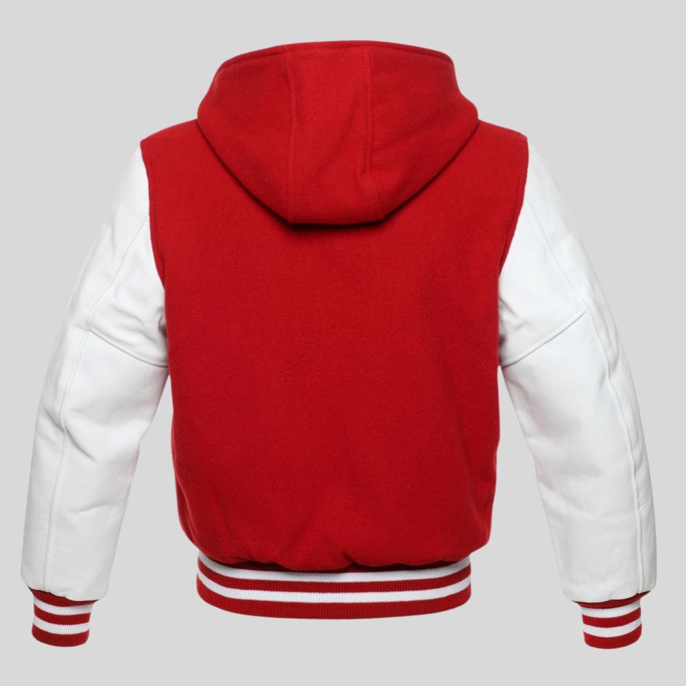 Red and white varsity jacket with hood on a gray background