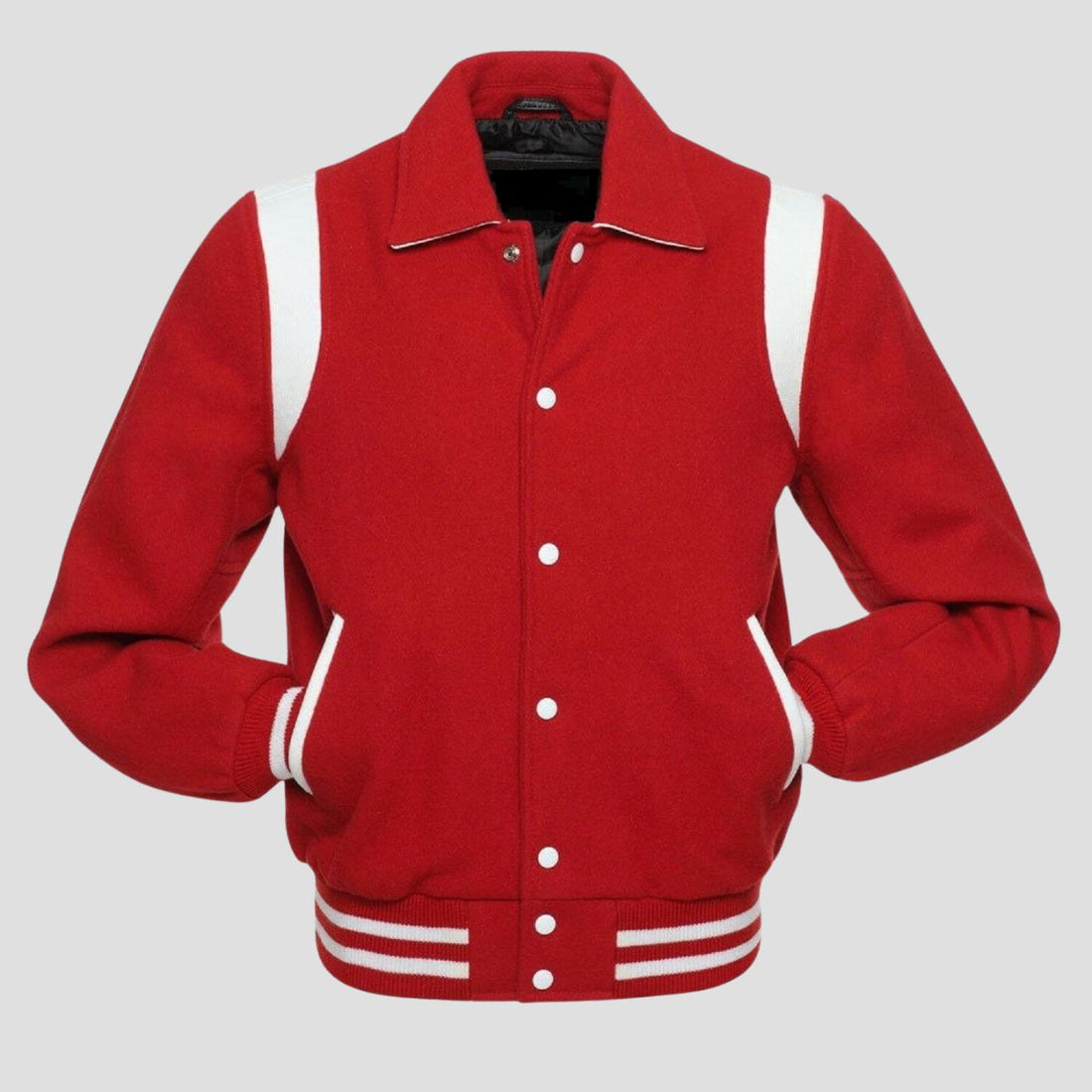 Retro red wool varsity jacket with white leather trim, snap button front, striped rib waistband, and vintage letterman style for men.