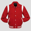 Men’s red and white retro varsity letterman jacket with wool body, white accents, ribbed cuffs, and classic college-inspired design.
