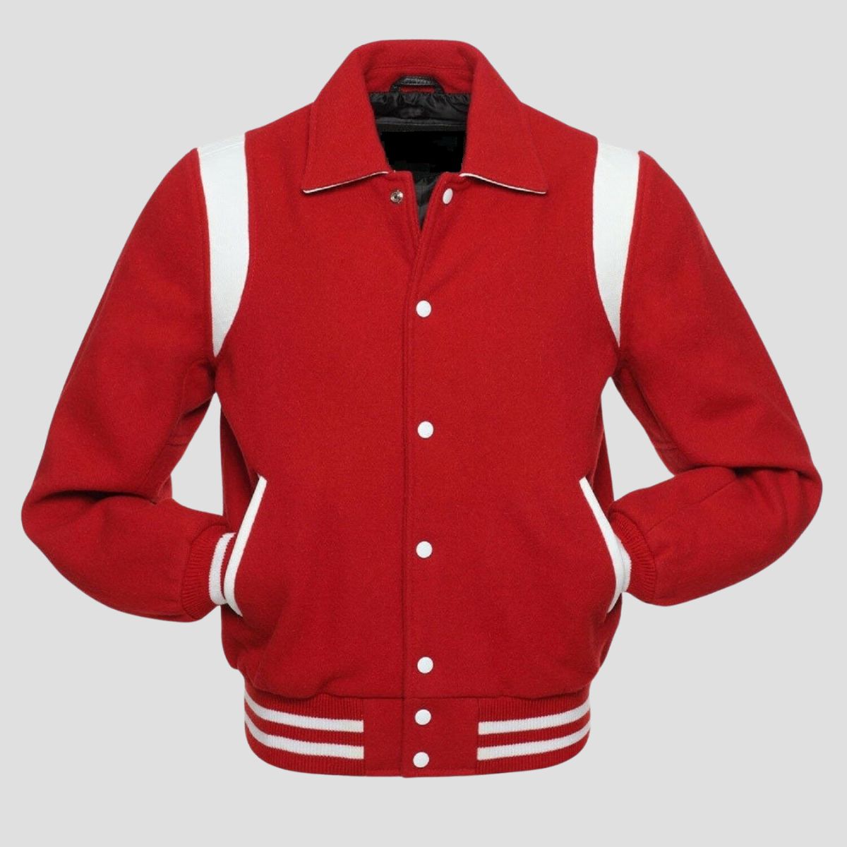 Men’s red and white retro varsity letterman jacket with wool body, white accents, ribbed cuffs, and classic college-inspired design.