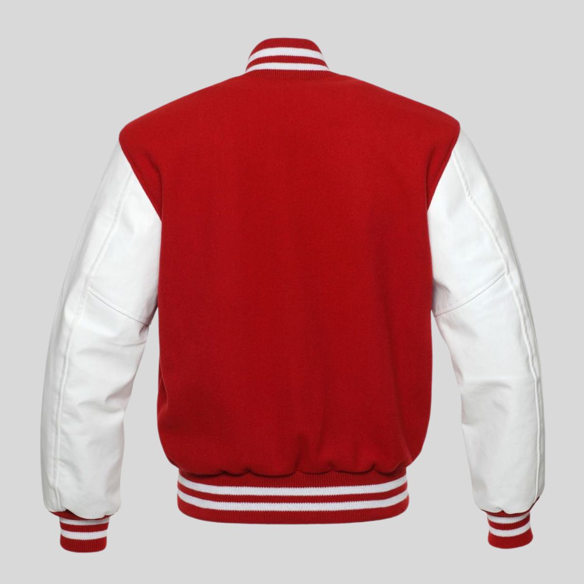 Red and white varsity jacket on a gray background