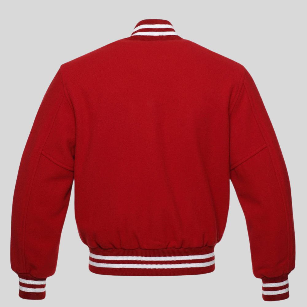 Red varsity jacket with white stripes on a gray background