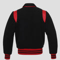 Men’s retro black red wool varsity jacket with red leather trim, snap buttons, striped rib cuffs, and bold vintage streetwear design.