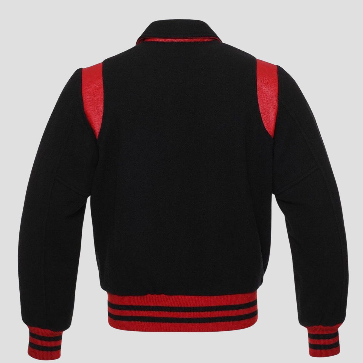 Men’s retro black red wool varsity jacket with red leather trim, snap buttons, striped rib cuffs, and bold vintage streetwear design.