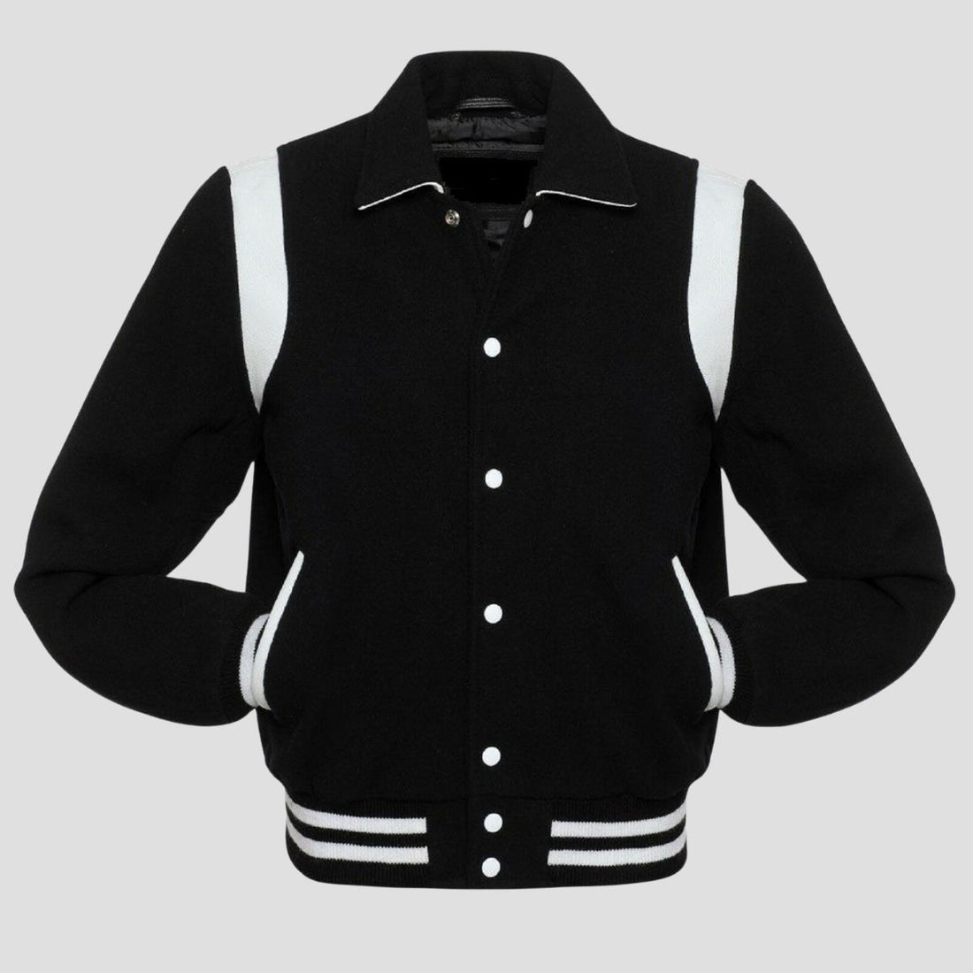 Retro black wool varsity jacket with white leather trim, snap button front, ribbed cuffs, and classic vintage letterman style for men.