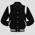 Men’s retro black wool varsity jacket with white leather trim, snap buttons, striped rib cuffs, and bold vintage streetwear design.