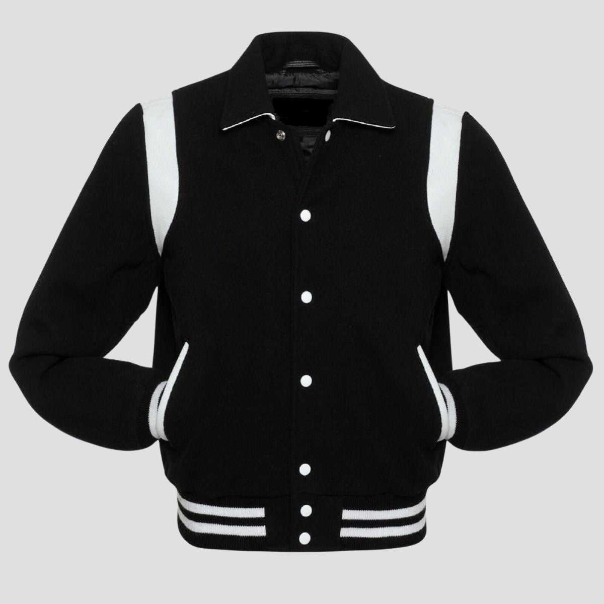 Men’s retro black wool varsity jacket with white leather trim, snap buttons, striped rib cuffs, and bold vintage streetwear design.