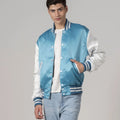 Men's modern blue varsity jacket in satin with contrasting white sleeves and trim, ideal for casual wear
