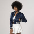 Women's navy blue satin varsity jacket with a cropped fit, ideal for layering with stylish ensembles