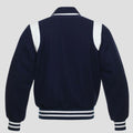 Navy blue wool letterman jacket for men with white trim details, striped rib waistband, snap buttons, and timeless varsity design.