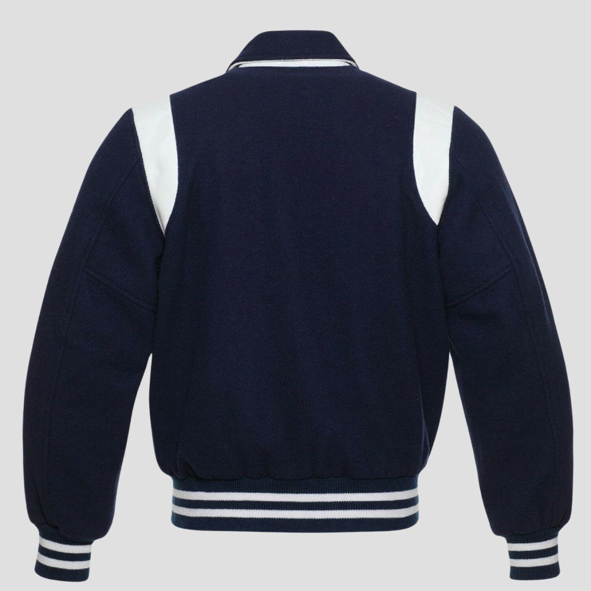 Navy blue wool letterman jacket for men with white trim details, striped rib waistband, snap buttons, and timeless varsity design.