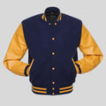 Navy gold wool and vinyl varsity jacket for men with yellow sleeves, snap buttons, striped rib cuffs, and classic letterman style.
