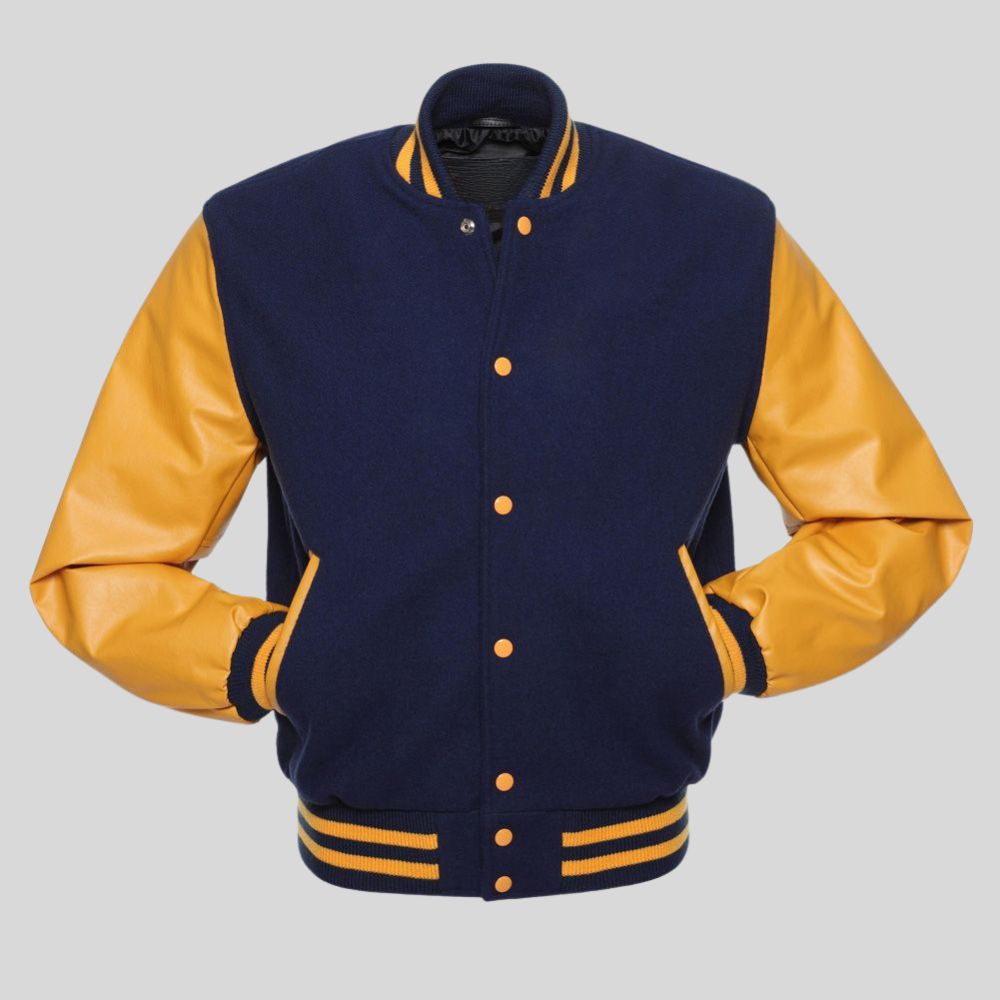 Navy gold wool and vinyl varsity jacket for men with yellow sleeves, snap buttons, striped rib cuffs, and classic letterman style.