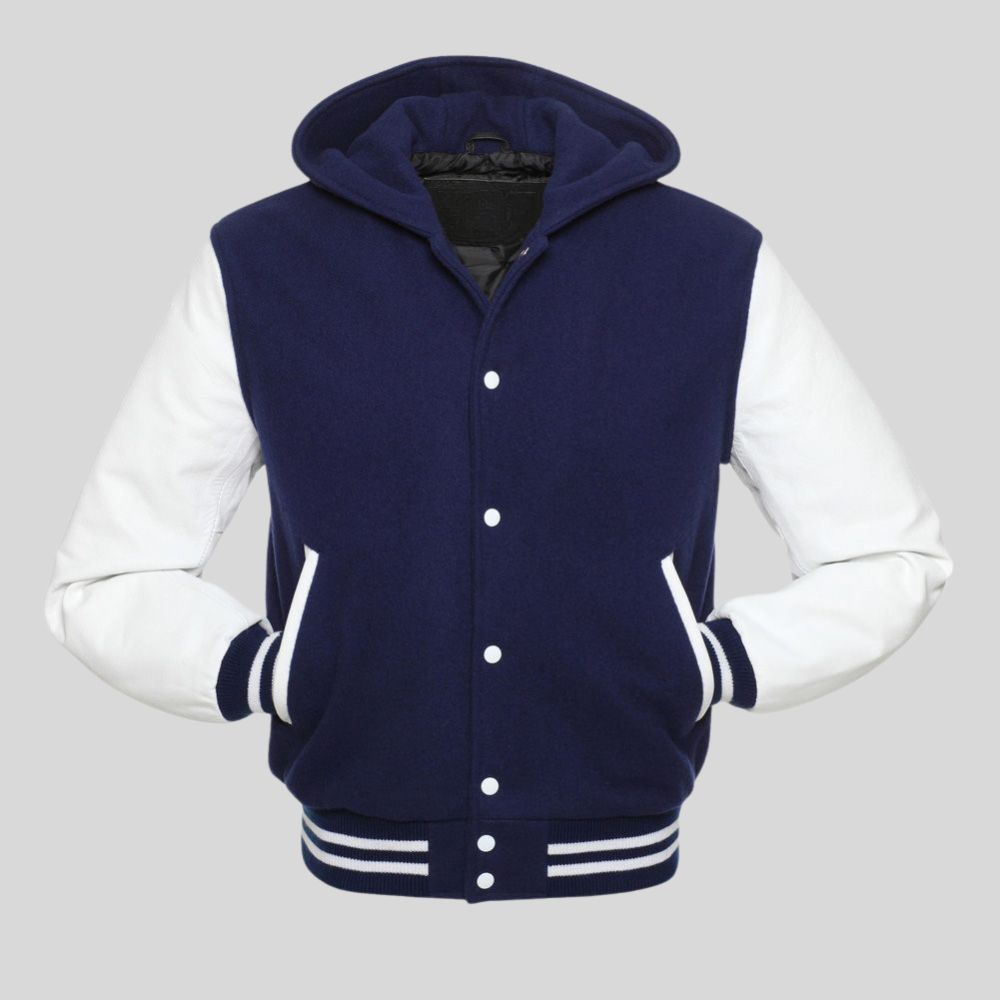 Navy blue and white varsity jacket on a gray background
