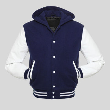 Navy blue and white varsity jacket on a gray background