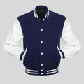 Navy blue wool varsity jacket with white vinyl sleeves, striped rib-knit trim at the collar, cuffs, and waistband, and a traditional snap button front.