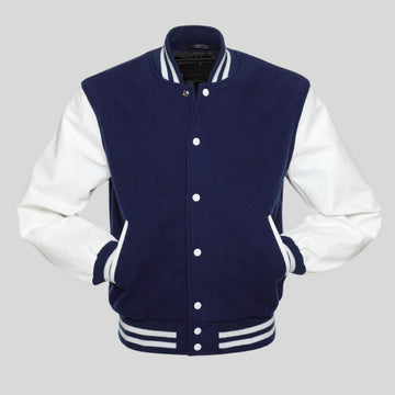 Navy blue wool varsity jacket with white vinyl sleeves, striped rib-knit trim at the collar, cuffs, and waistband, and a traditional snap button front.