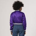 Stylish purple satin crop top varsity jacket, offering a vibrant pop of color for any wardrobe