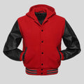 Red and black varsity jacket on a light gray background