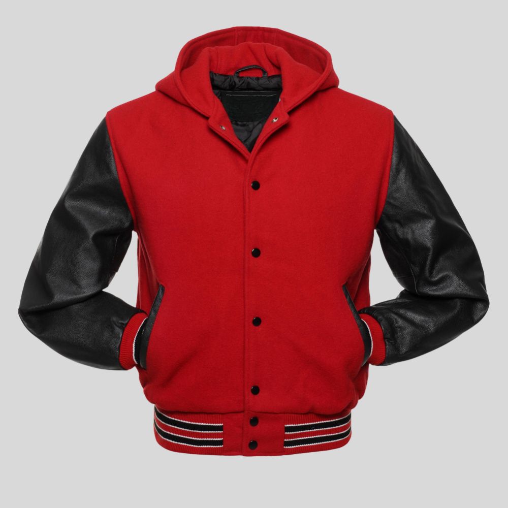Red and black varsity jacket on a light gray background