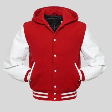 Red and white varsity jacket with a hood on a gray background