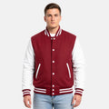 Man wearing a red and white varsity jacket on a white background