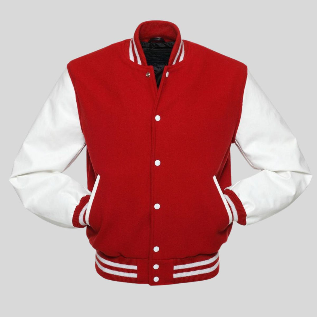 Men's red wool varsity jacket with white vinyl sleeves, red and white striped rib-knit trim, and snap button closure.