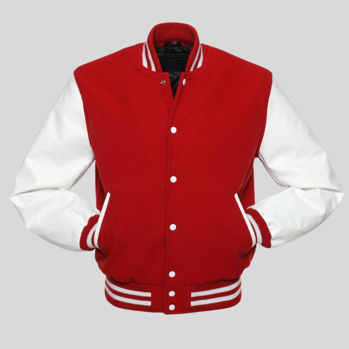 Men's red wool varsity jacket with white vinyl sleeves, red and white striped rib-knit trim, and snap button closure.