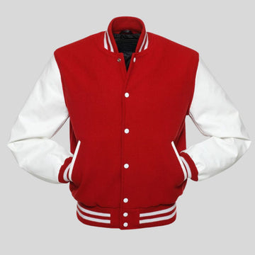 Men's red wool varsity jacket with white vinyl sleeves, red and white striped rib-knit trim, and snap button closure.