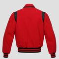 Red wool letterman jacket for men with black trim details, button closure, striped rib hem, and bold vintage streetwear look.