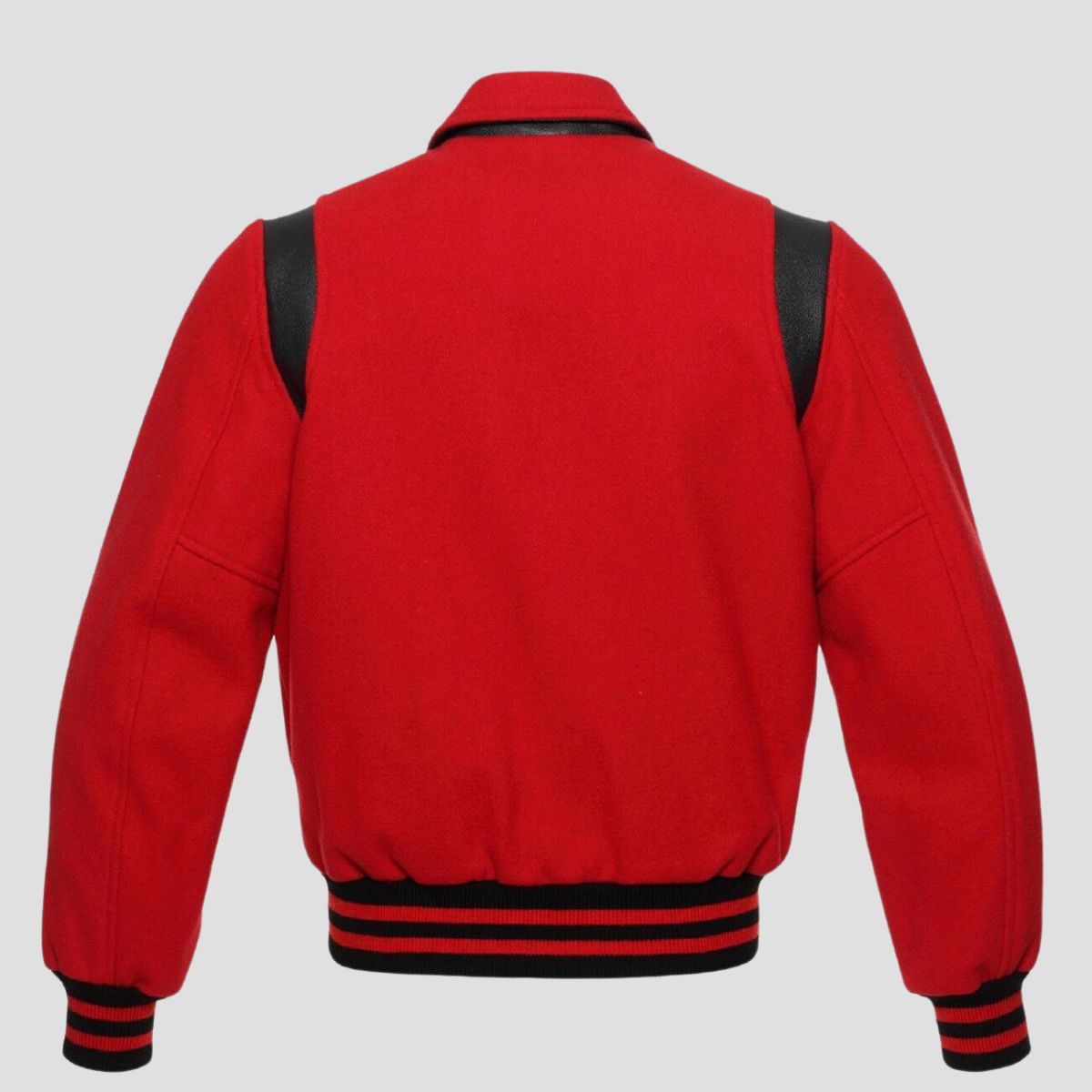 Red wool letterman jacket for men with black trim details, button closure, striped rib hem, and bold vintage streetwear look.