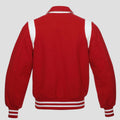 Red wool letterman jacket for men with white trim details, button closure, striped rib hem, and timeless varsity streetwear style.