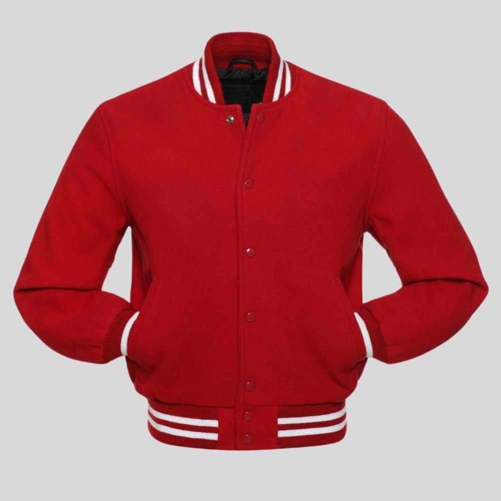 Red varsity jacket with white stripes on a gray background