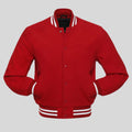 Red varsity jacket with white stripes on a gray background