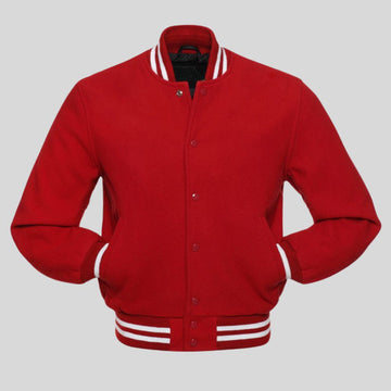 Red varsity jacket with white stripes on a gray background