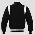 Retro black white wool varsity jacket for men with white leather trim, snap buttons, striped rib waistband, and vintage letterman style.