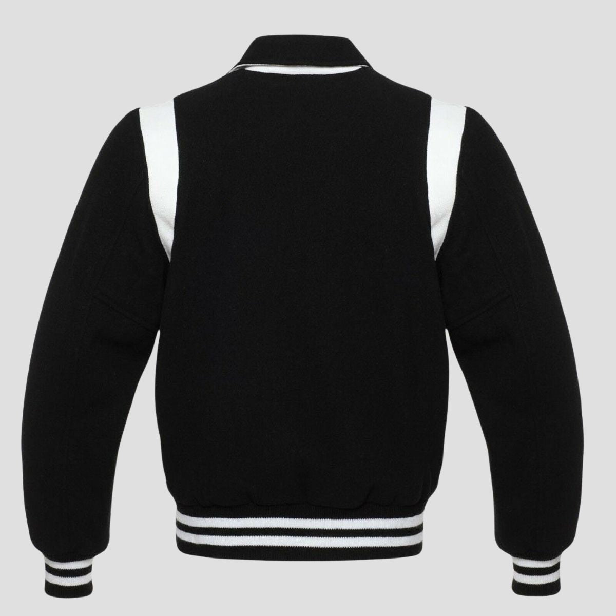 Retro black white wool varsity jacket for men with white leather trim, snap buttons, striped rib waistband, and vintage letterman style.