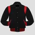 Retro black wool varsity jacket with black leather trim, button front closure, ribbed cuffs, and classic vintage outerwear style for men.