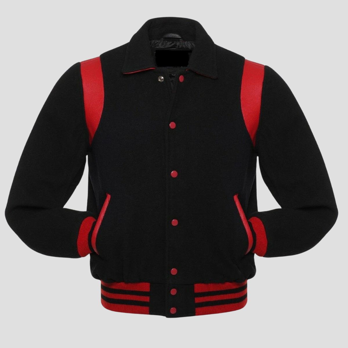 Retro black wool varsity jacket with black leather trim, button front closure, ribbed cuffs, and classic vintage outerwear style for men.