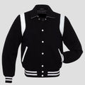 Retro black wool varsity jacket with white leather trim, snap button front, ribbed cuffs, and classic vintage letterman style for men.