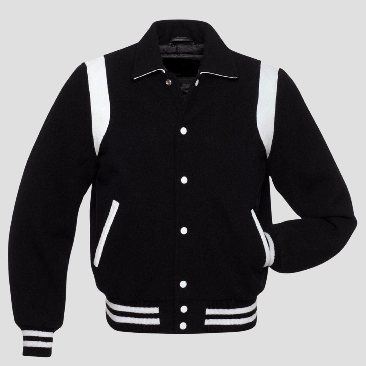 Retro black wool varsity jacket with white leather trim, snap button front, ribbed cuffs, and classic vintage letterman style for men.