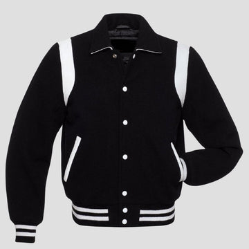 Retro black wool varsity jacket with white leather trim, snap button front, ribbed cuffs, and classic vintage letterman style for men.