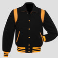 Retro black yellow wool varsity jacket with leather trim, snap button front, striped rib cuffs, and vintage letterman style for men.