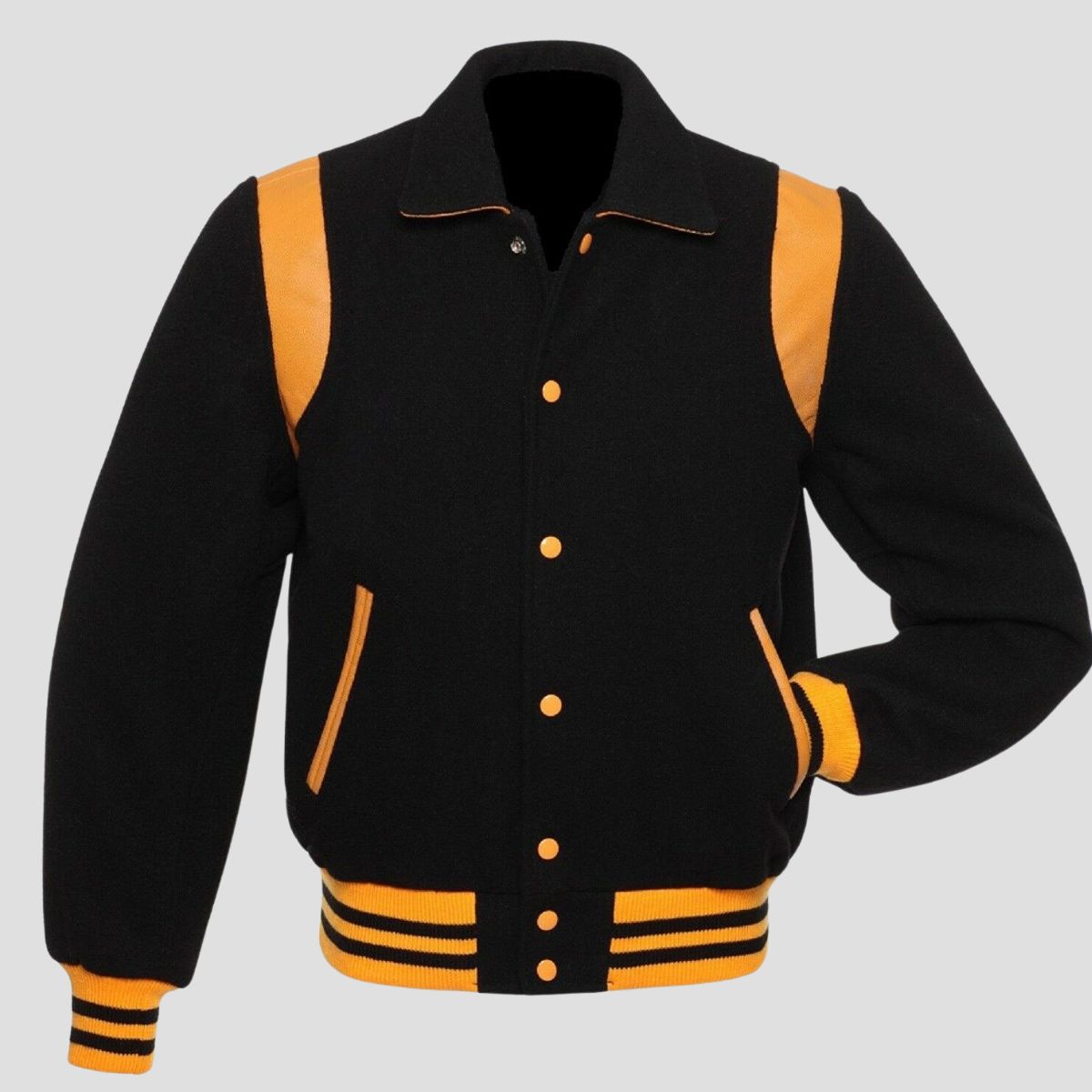 Retro black yellow wool varsity jacket with leather trim, snap button front, striped rib cuffs, and vintage letterman style for men.