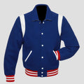 Retro blue wool varsity jacket with white leather trim, snap button front, red white rib cuffs, and vintage letterman style for men.
